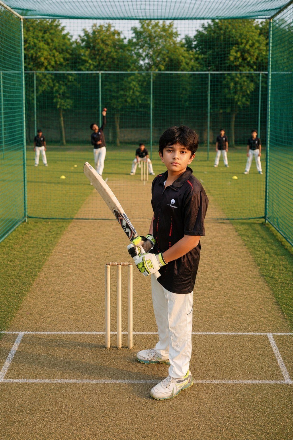 Young cricketer batting in practice nets